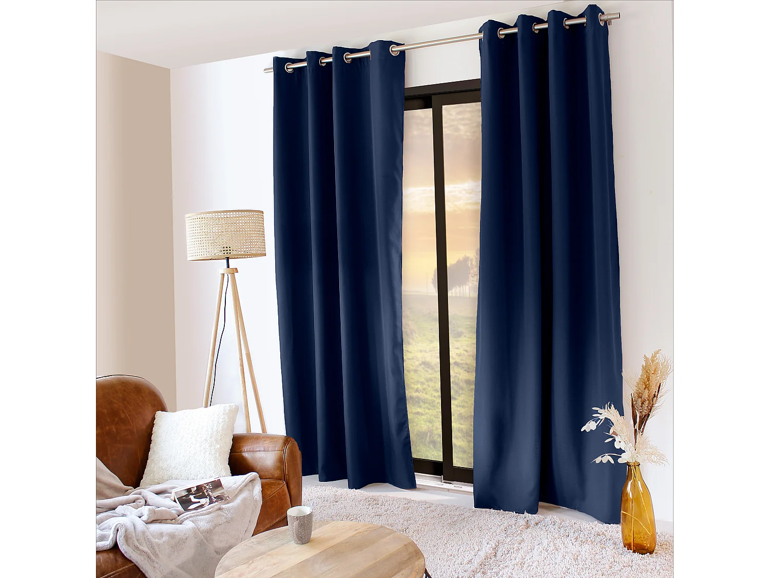 Lot de 2 rideaux thermique avec oeillets, bleu marine, 140x240cm, 100% polyester, collection Glacier