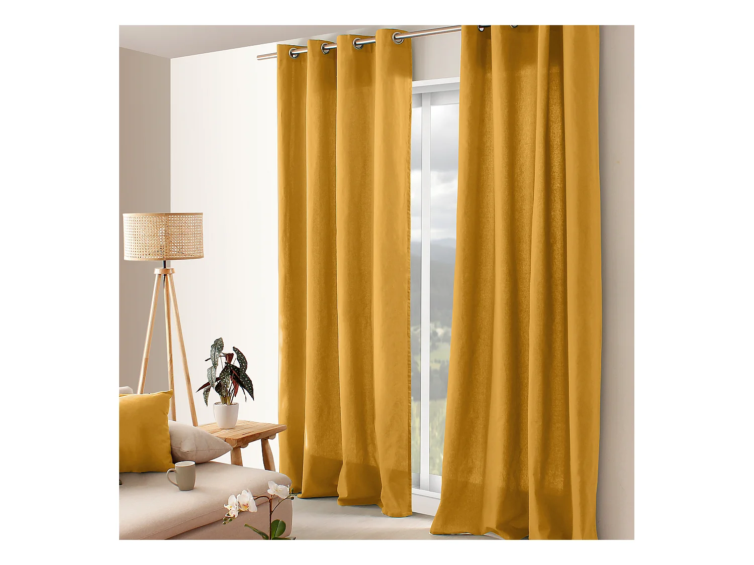 Lot de 2 rideaux à oeillets, 135x240cm, jaune moutarde, aspect coton, collection Stella