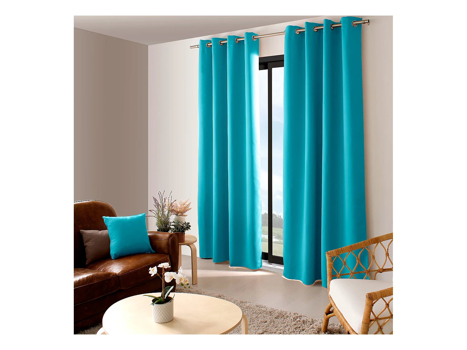 2 rideaux occultant à œillets, turquoise, 140x240cm, 100% polyester, collection Réglisse