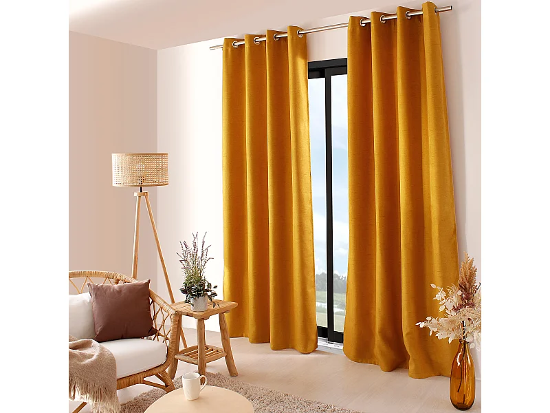 Set van 2 thermisch verduisterende gordijnen met draad, zeilringen, mosterd, 140x240cm, 100% polyester, Floppy collectie