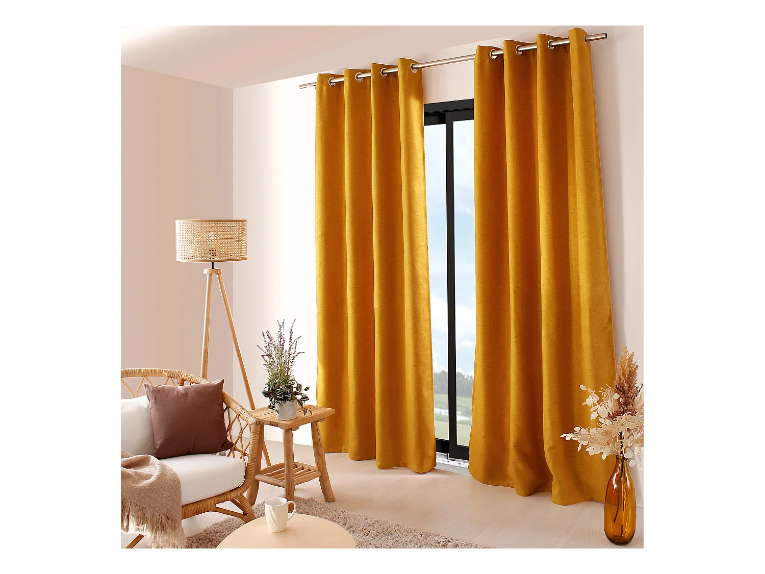 Set van 2 thermisch verduisterende gordijnen met draad, zeilringen, mosterd, 140x240cm, 100% polyester, Floppy collectie