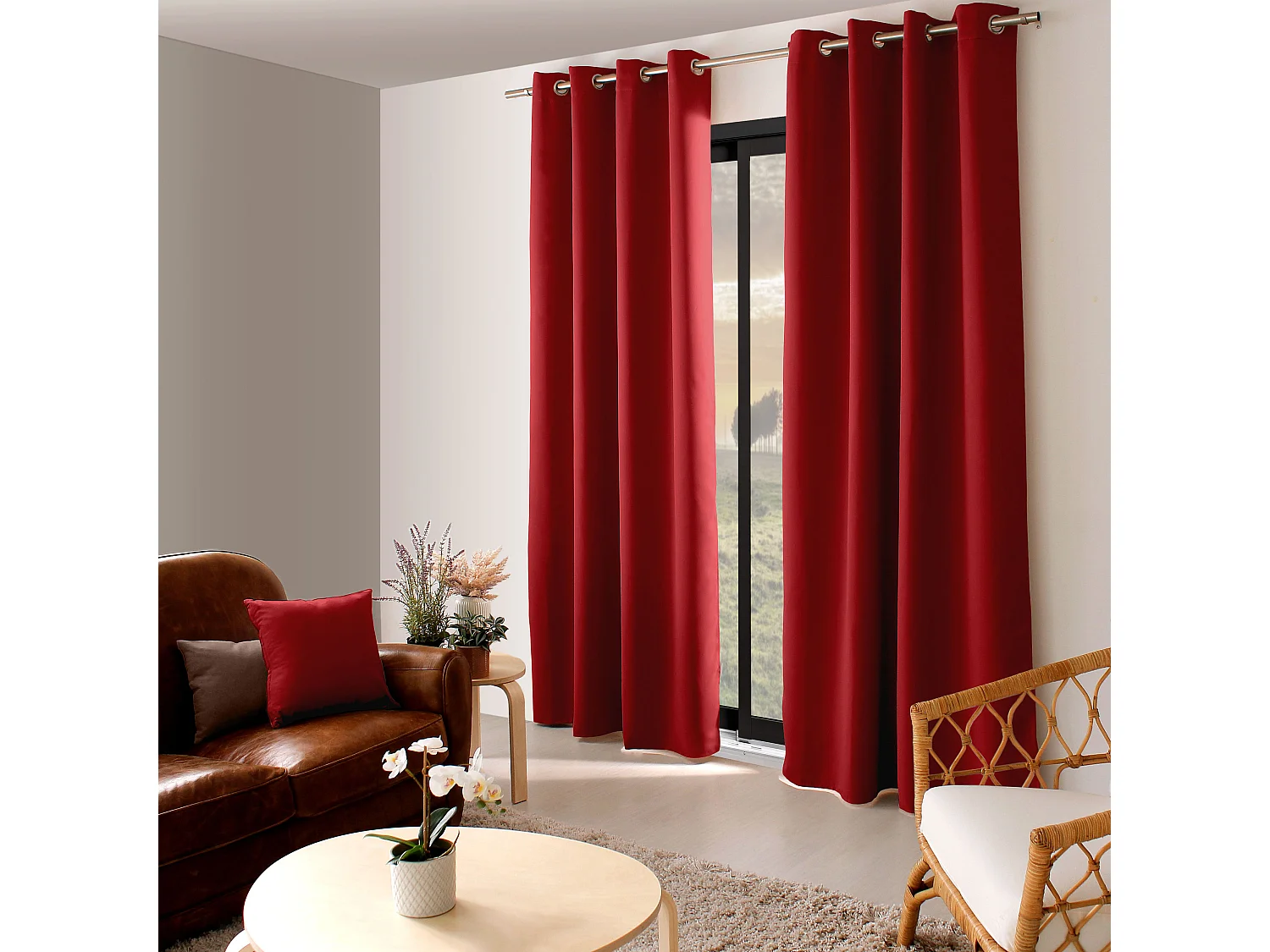 Lot de 2 Rideaux Occultant avec Œillets, Rouge, 140x240cm, 100% polyester, Collection Réglisse, CMADECO - Rouge
