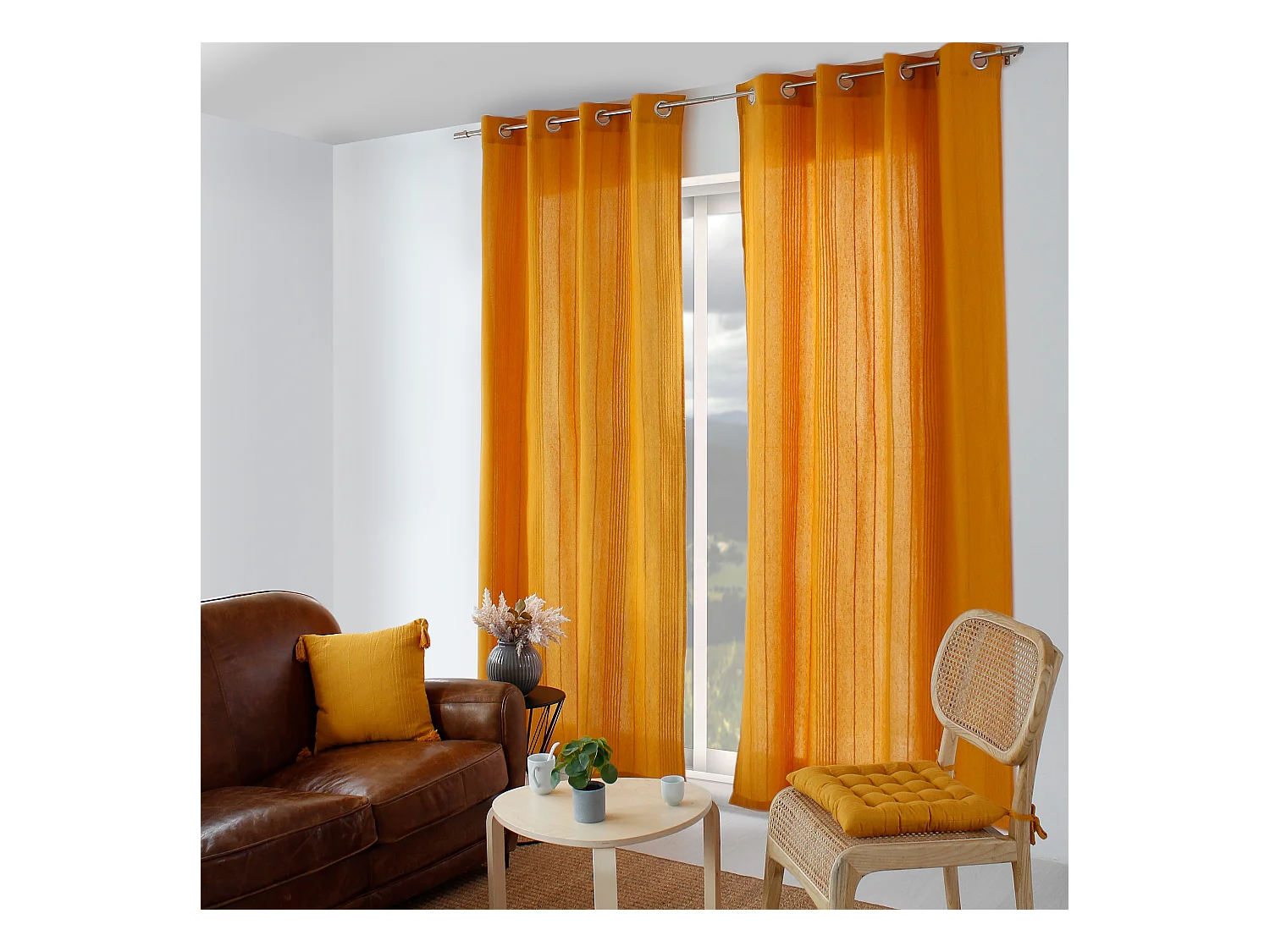 Lot de 2 rideaux à oeillets, 140x240cm, jaune moutarde, coton recyclé, collection Bombay