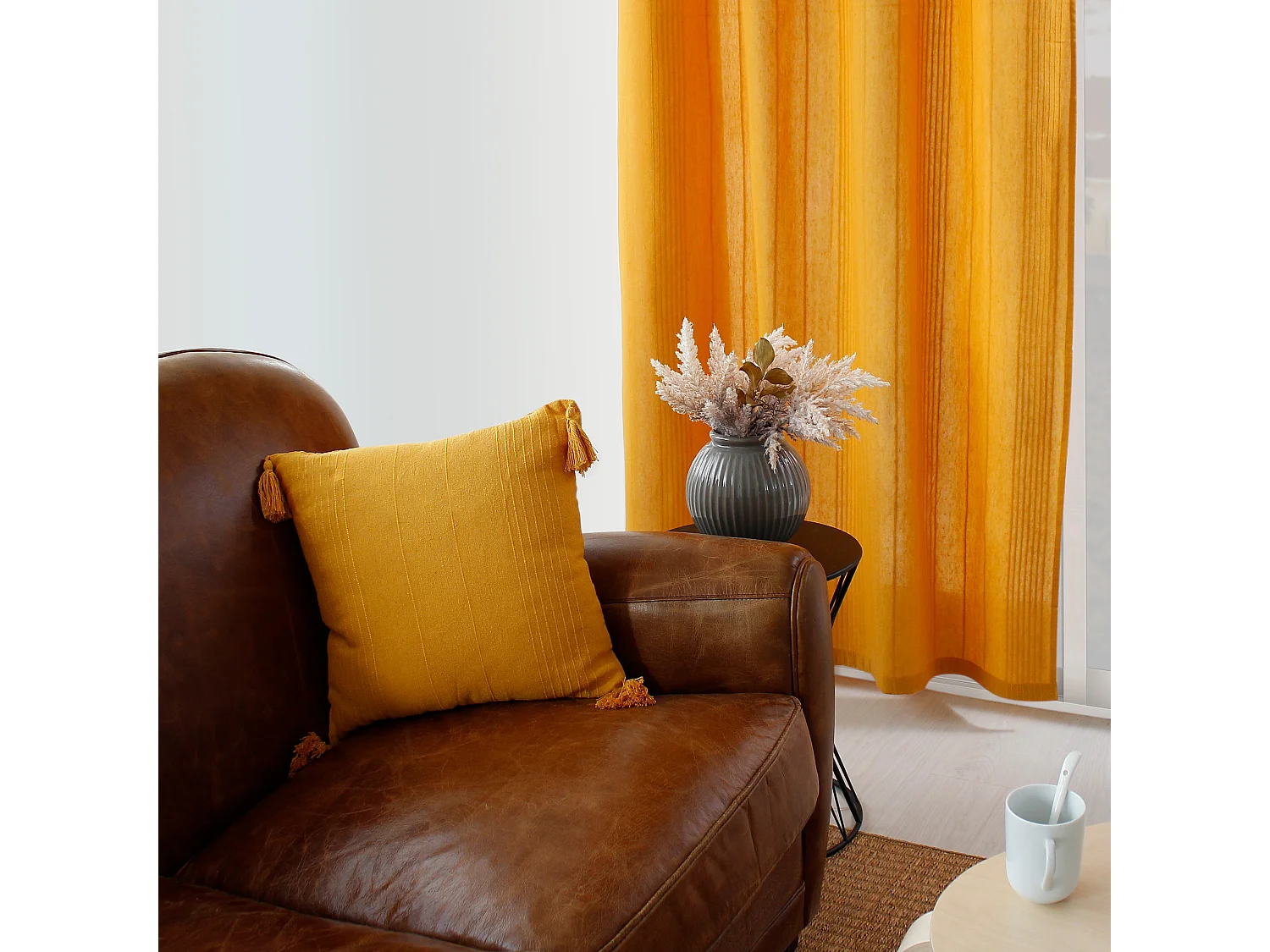 Lot de 2 rideaux à oeillets, 140x240cm, jaune moutarde, coton recyclé, collection Bombay