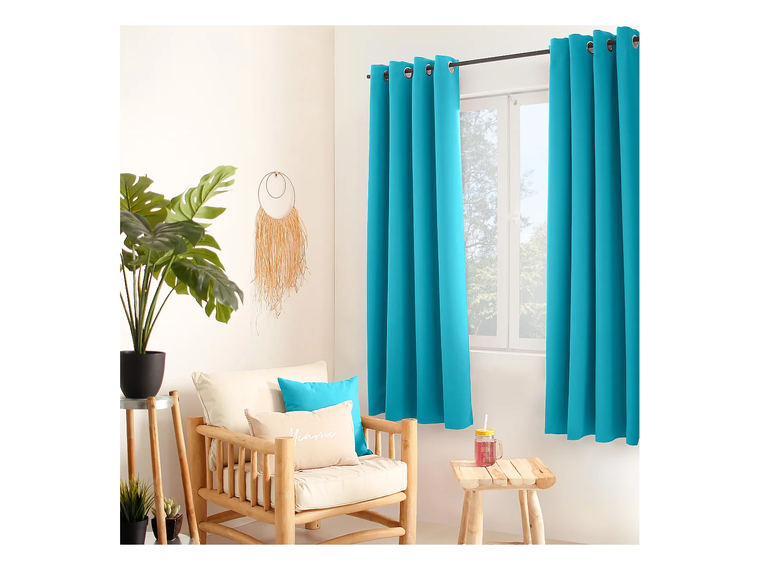 Set van 2 verduisterende gordijnen met zeilringen, turkoois, 140x180cm, 100% polyester, Reglisse collectie