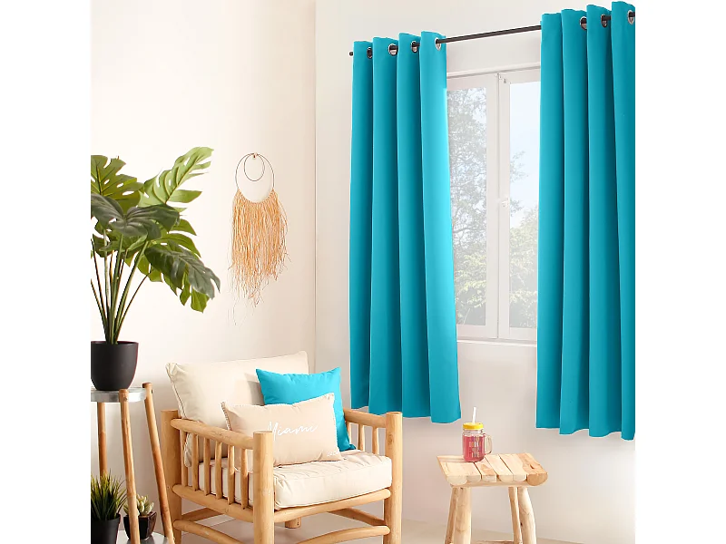 Set van 2 verduisterende gordijnen met zeilringen, turkoois, 140x180cm, 100% polyester, Reglisse collectie