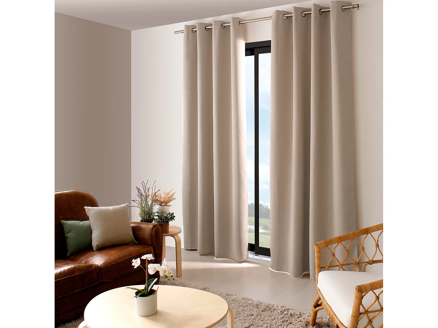 2 verduisterende gordijnen met zeilringen, naturel beige, 140x240cm, 100% polyester, Reglisse collectie