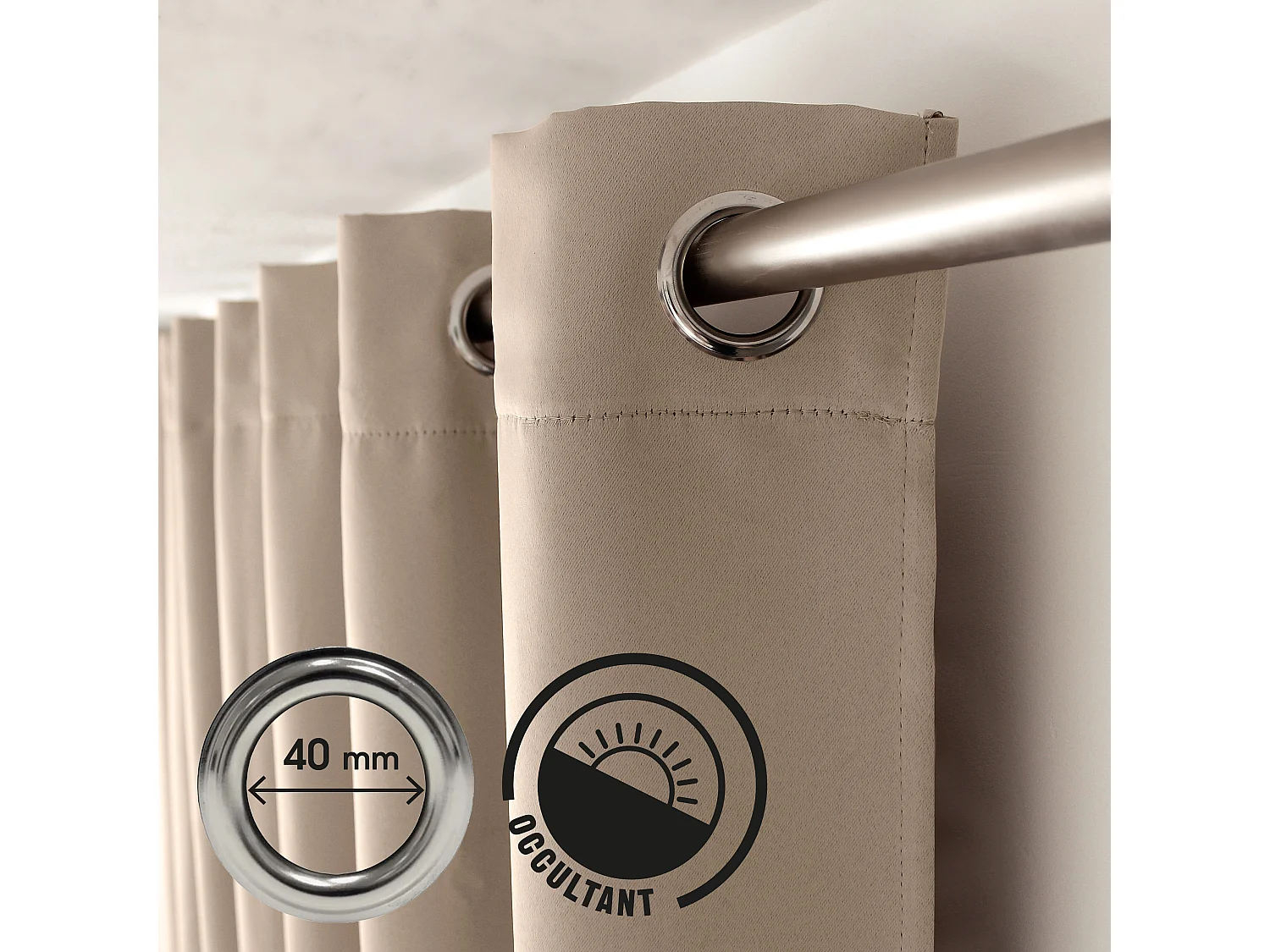 2 verduisterende gordijnen met zeilringen, naturel beige, 140x240cm, 100% polyester, Reglisse collectie