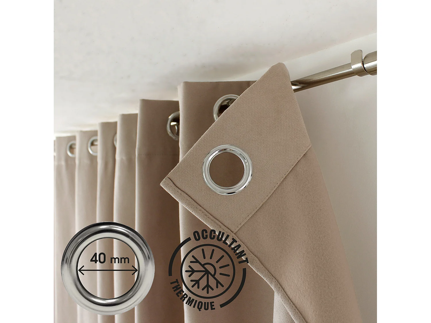 2 thermische gordijnen met zeilringen, ecru, 135x240cm, fleece voering, collectie Nordica