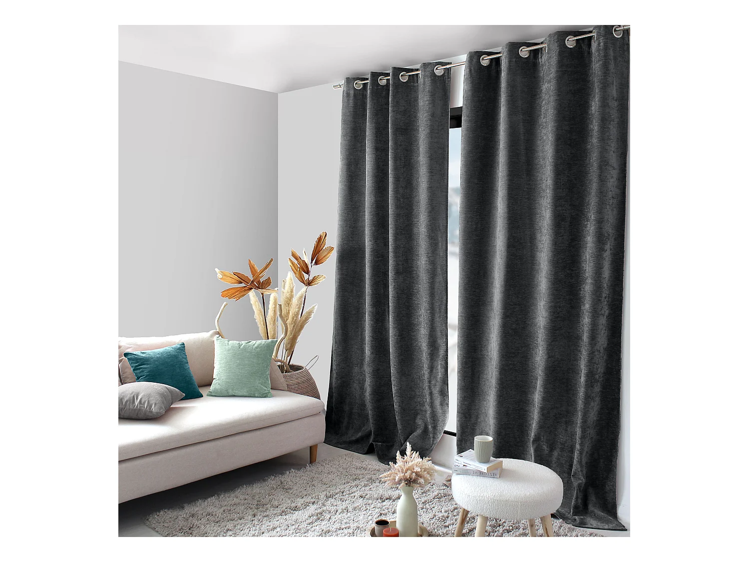 Lot de 2 Rideaux Thermique avec Œillets, Gris Foncé, Grande Hauteur, 140x260cm, Velours, Collection Velvet