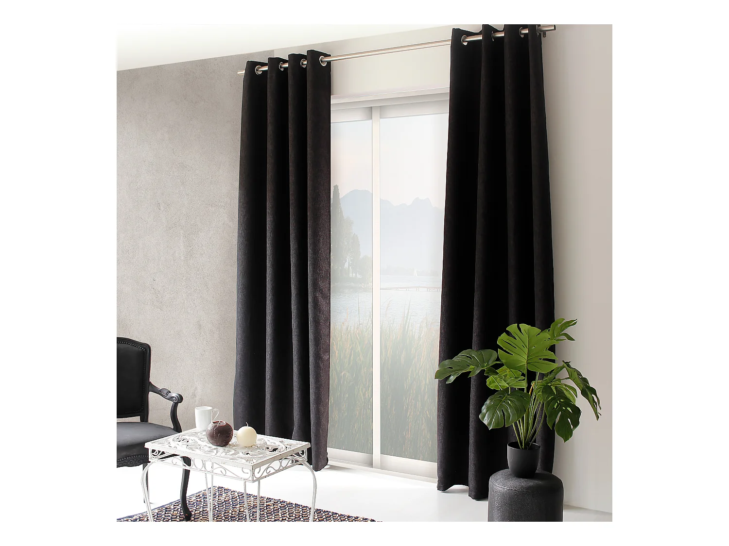 Lot de 2 rideaux à oeillets, obscurcissant, 140x240 cm, noir chiné, collection Natté