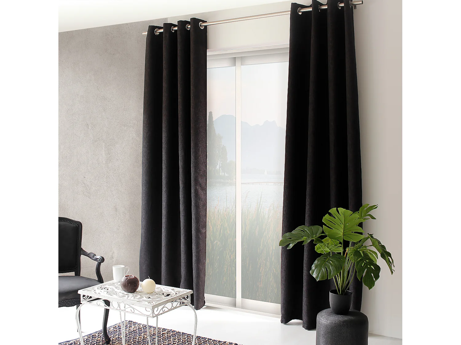 Lot de 2 rideaux à oeillets, obscurcissant, 140x240 cm, noir chiné, collection Natté