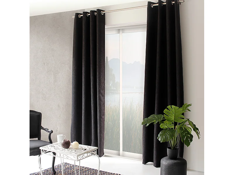 Lot de 2 rideaux à oeillets, obscurcissant, 140x240 cm, noir chiné, collection Natté
