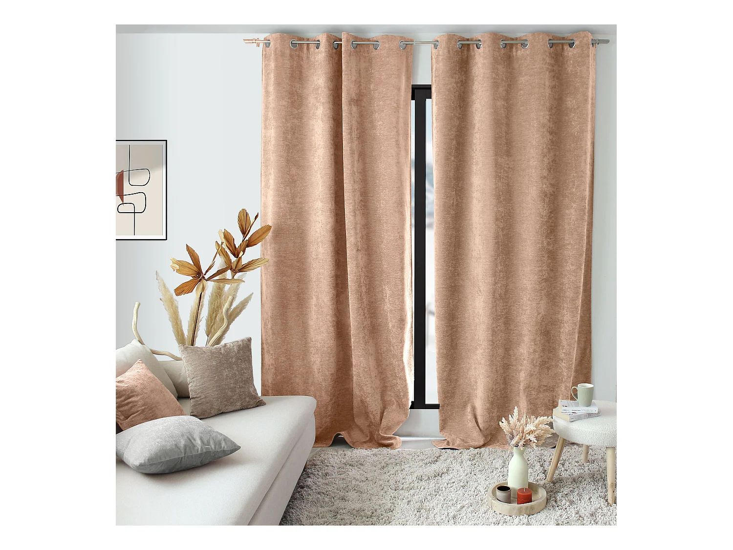 Lot de 2 Rideaux Thermique avec Œillets, Rose Pêche, Grande Hauteur, 140x260cm, Velours, Collection Velvet