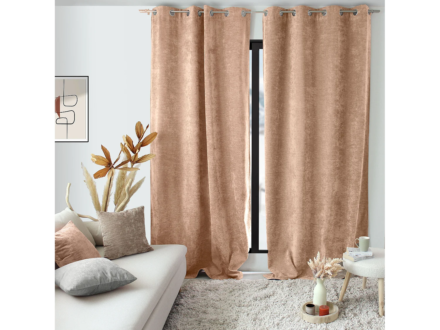 Lot de 2 Rideaux Thermique avec Œillets, Rose Pêche, Grande Hauteur, 140x260cm, Velours, Collection Velvet
