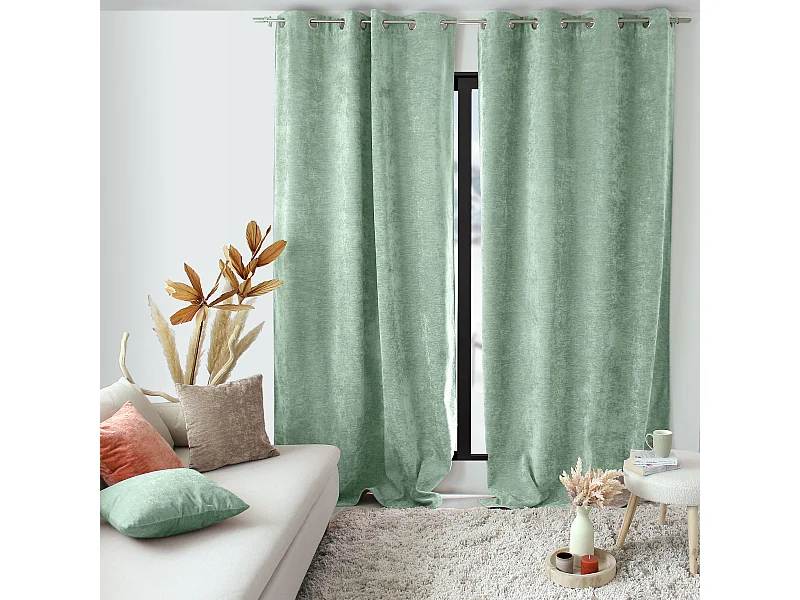 Lot de 2 Rideaux Thermique avec Œillets, Céladon, Grande Hauteur, 140x260cm, Velours, Collection Velvet