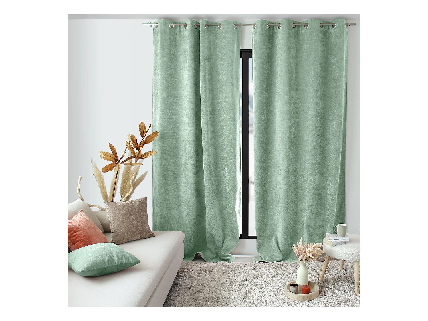 Lot de 2 Rideaux Thermique avec Œillets, Céladon, Grande Hauteur, 140x260cm, Velours, Collection Velvet
