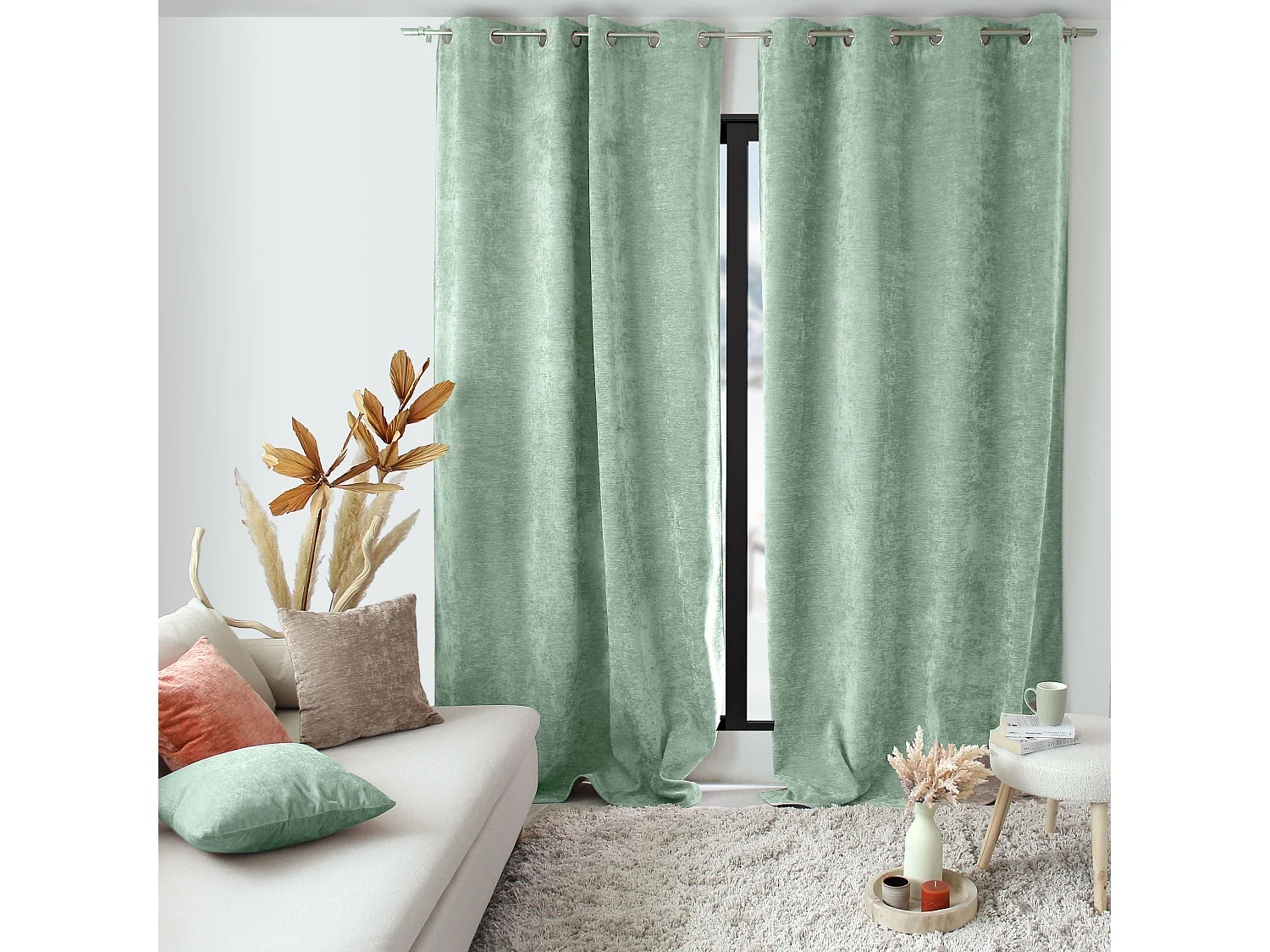 Lot de 2 Rideaux Thermique avec Œillets, Céladon, Grande Hauteur, 140x260cm, Velours, Collection Velvet