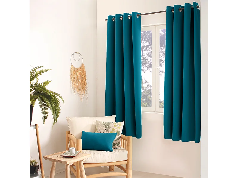 Set van 2 verduisterende gordijnen met zeilringen, eendblauw, 140x180cm, 100% polyester, Reglisse collectie