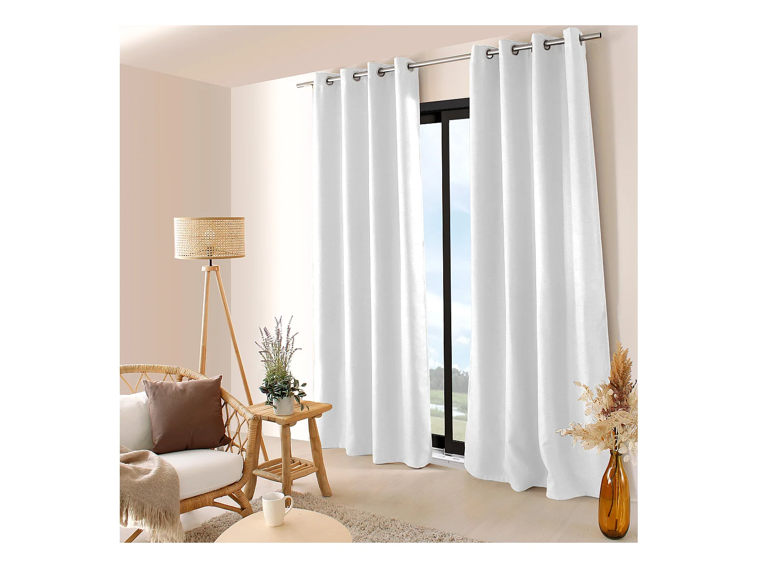 Lot de 2 rideaux obscurcissant thermique fileté avec oeillets, blanc, 140x240cm, 100% polyester, collection Floppy