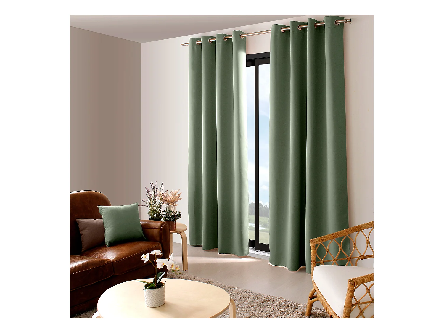 2 rideaux occultant à œillets, vert argile, 140x240cm, 100% polyester, collection Réglisse