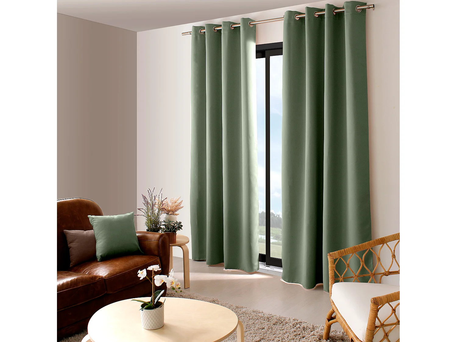 Lot de 2 Rideaux Occultant avec Œillets, Vert Olive, 140x240cm, 100% polyester, Collection Réglisse, CMADECO - Vert