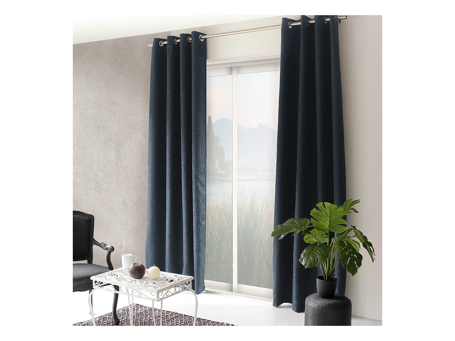 Lot de 2 rideaux à oeillets, obscurcissant, 140x240 cm, gris anthracite chiné, Collection Natté