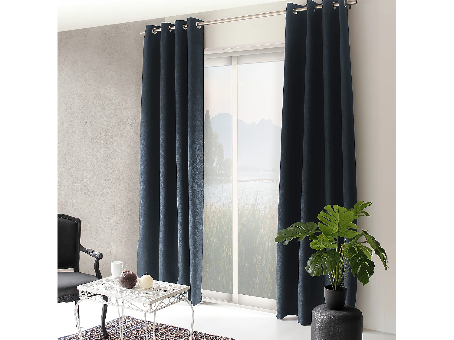 Lot de 2 rideaux à oeillets, obscurcissant, 140x240 cm, gris anthracite chiné, Collection Natté