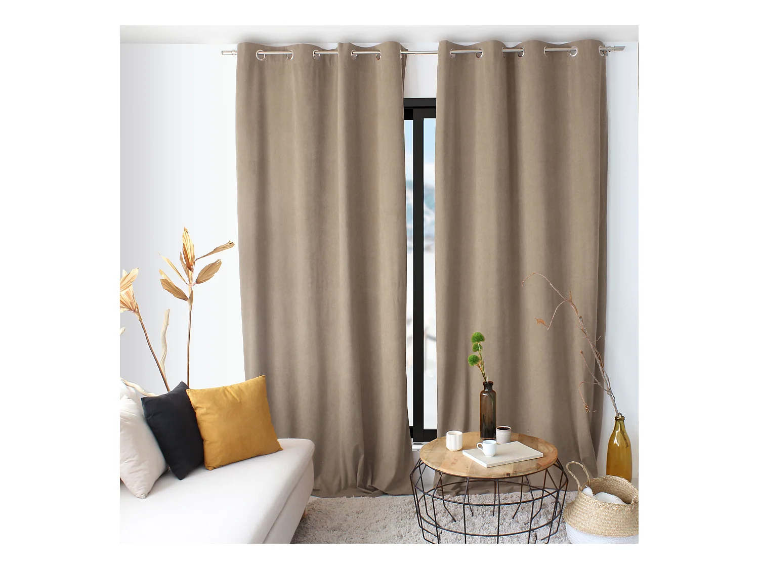 Lot de 2 Rideaux avec Œillets, Beige Naturel, Grande Hauteur, 140x260cm, Velours Ras, Collection Calin