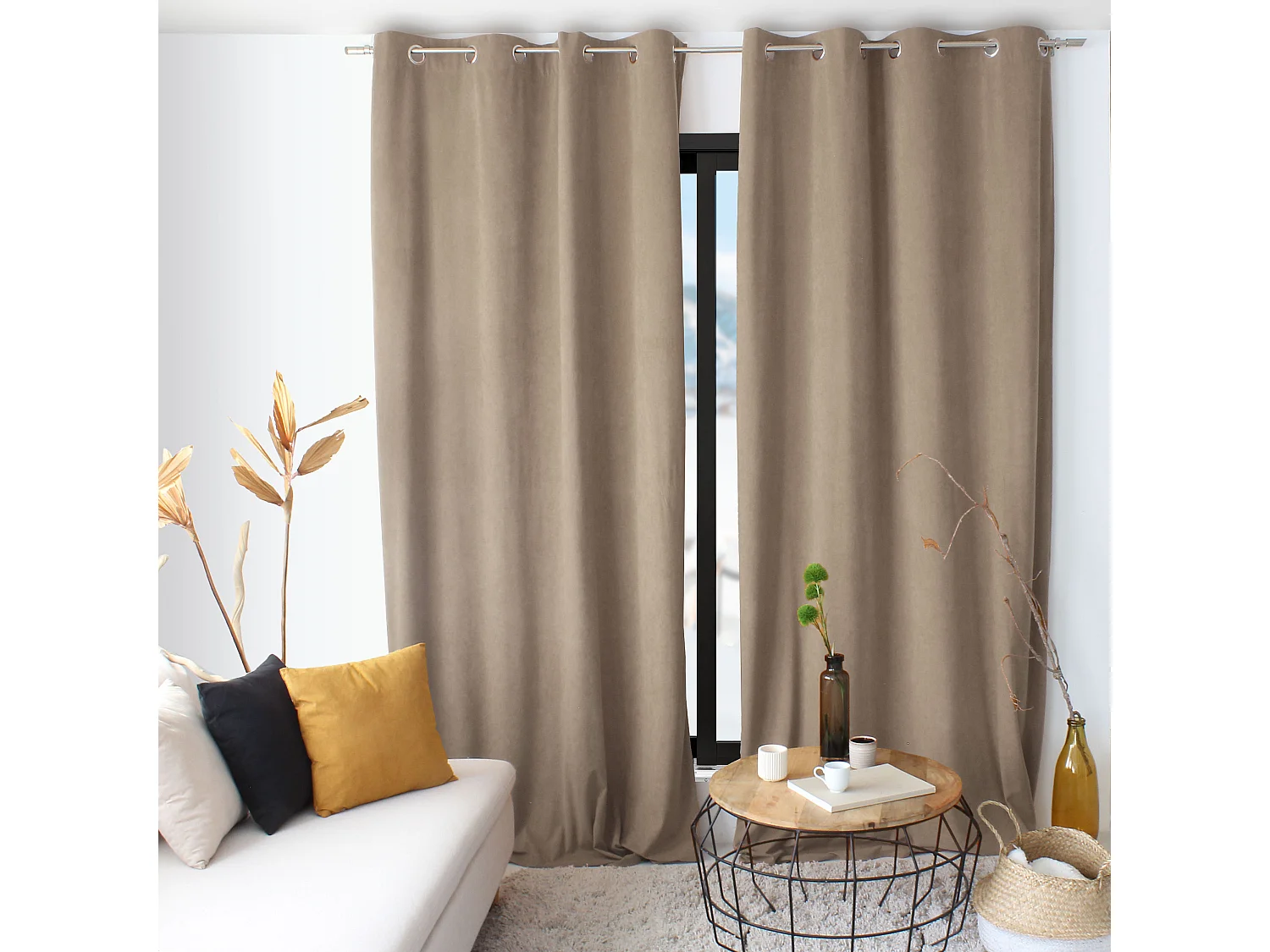 Lot de 2 Rideaux avec Œillets, Beige Naturel, Grande Hauteur, 140x260cm, Velours Ras, Collection Calin