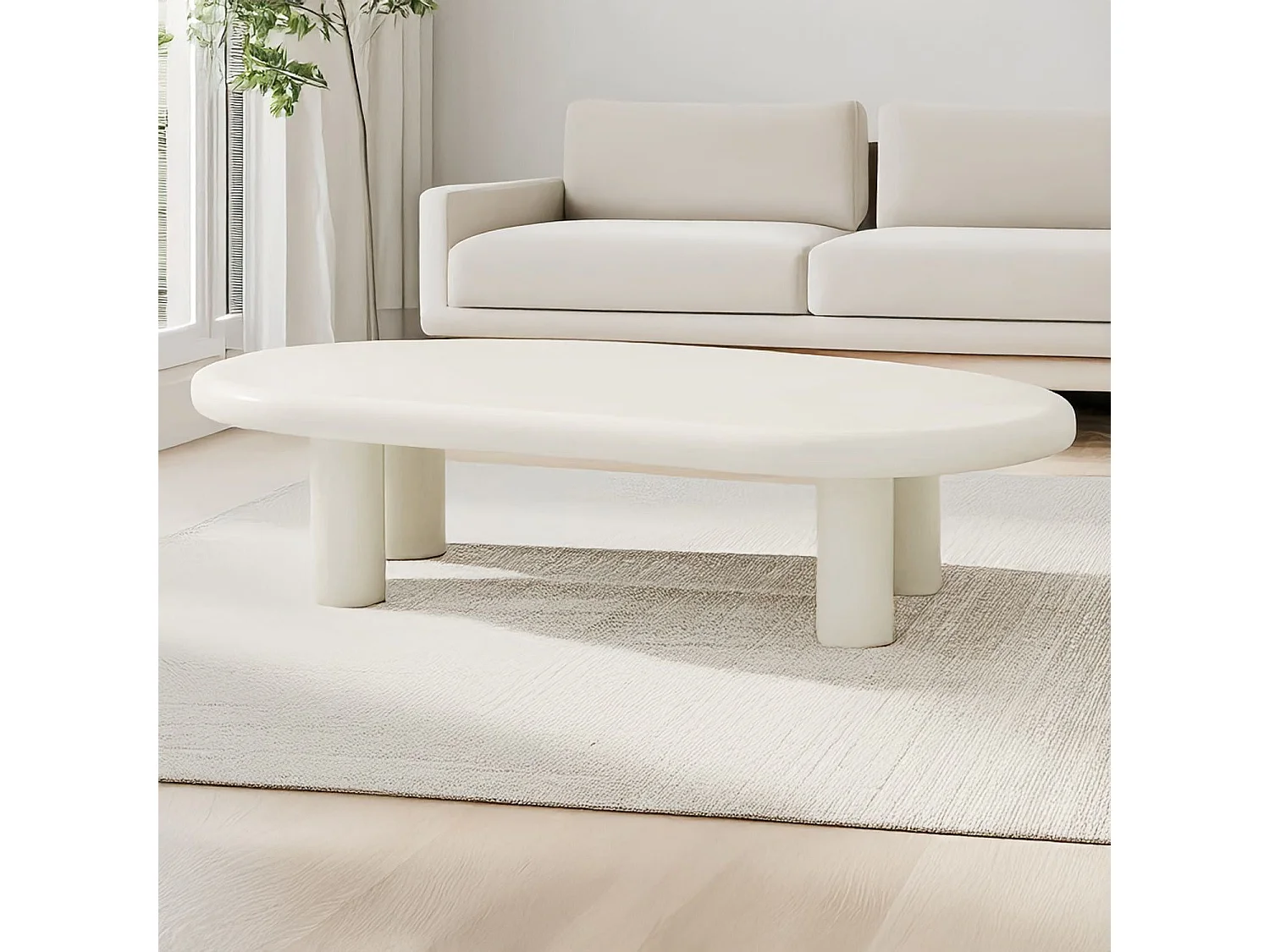 Table basse arrondie 160cm avec pieds colonnes Roady Crème