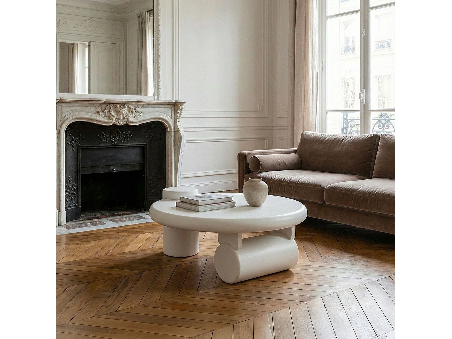 Table basse ronde asymétrique 100cm Yang Crème