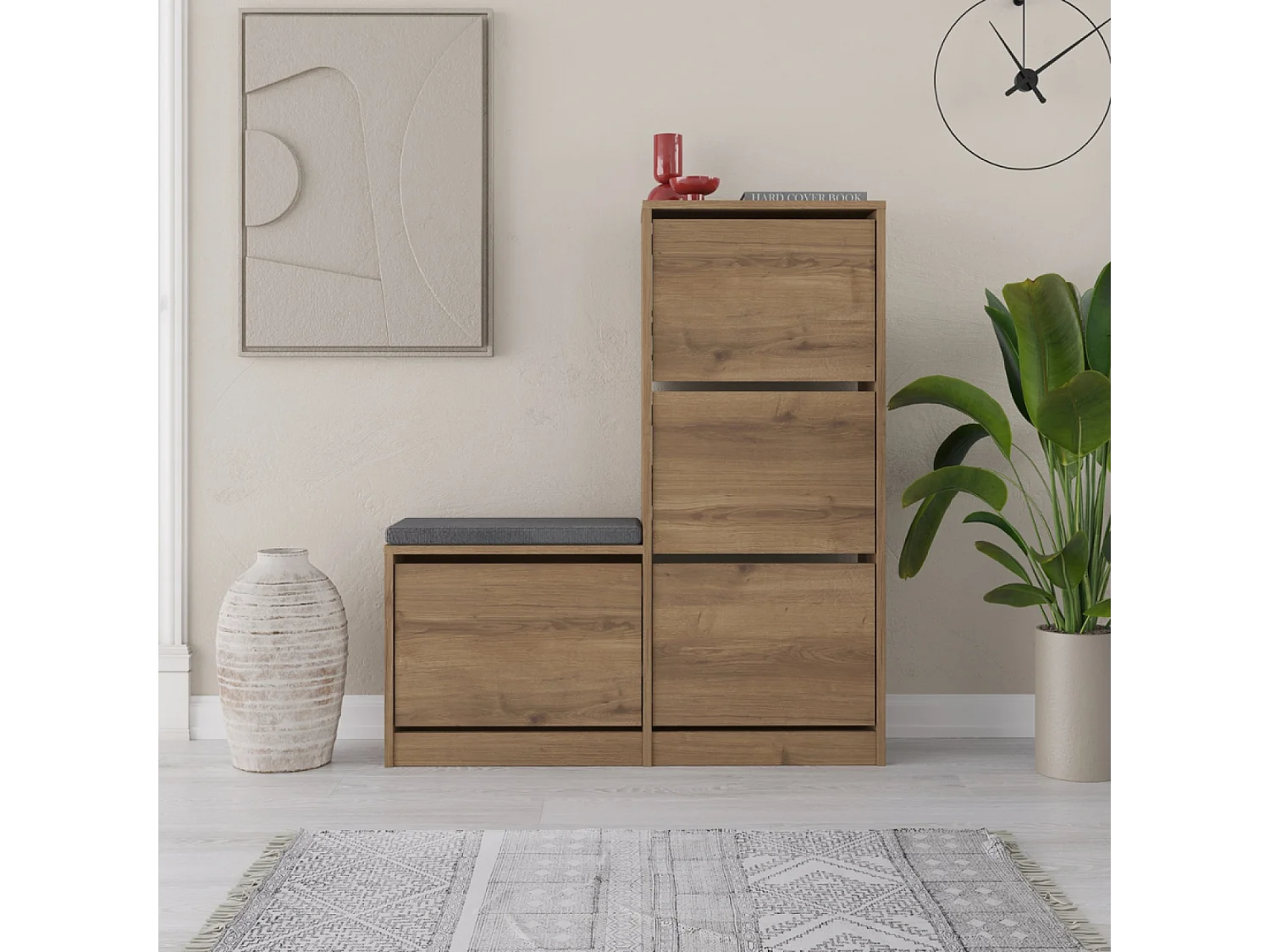 Industriële Schoenenkast met Zitplaats en 12 Planken - Eikenhout en Antraciet