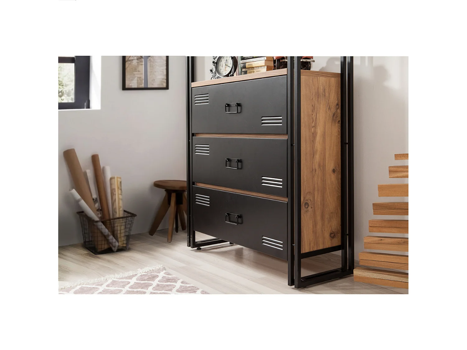 Industrielles Regal TALI mit Schubladen - Holz und Schwarz