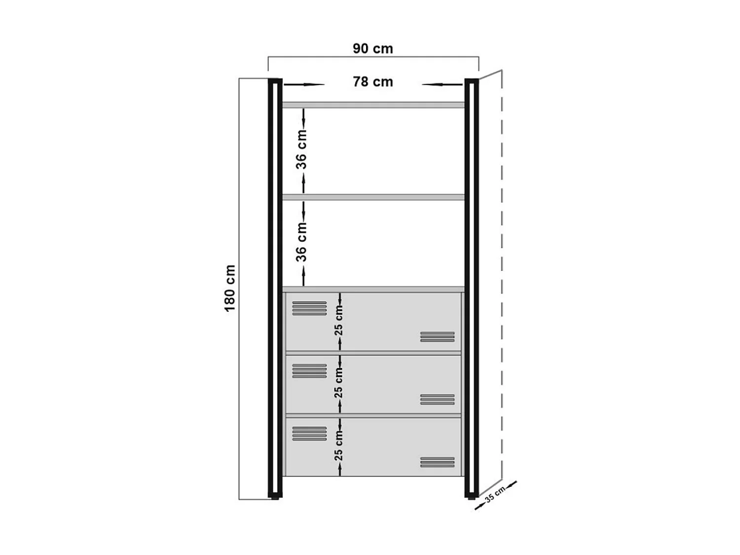 Bibliothèque industrielle avec tiroirs - bois et noir TALI