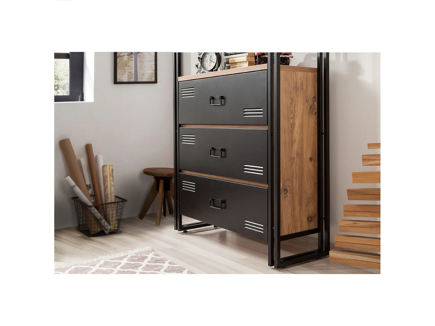 Bibliothèque industrielle avec tiroirs - bois et noir TALI