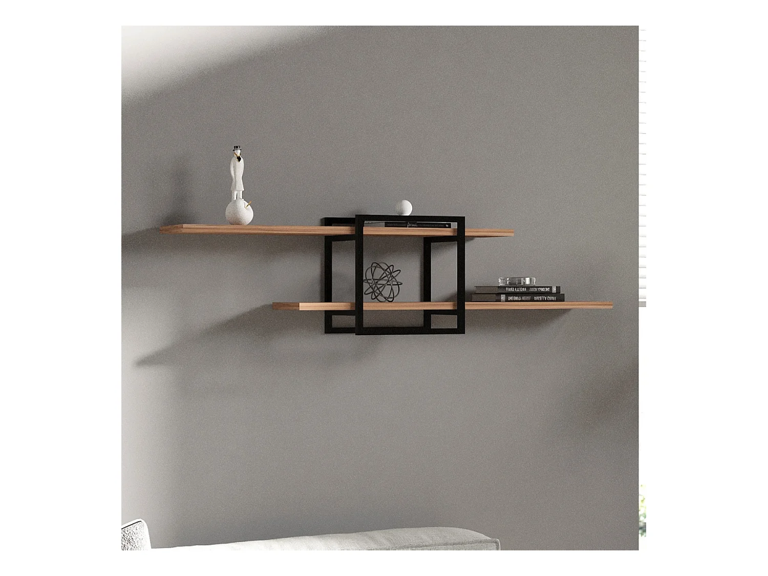 Mensola Design Parete Legno Pino Nero - 2 Ripiani - Moderna e Pratica