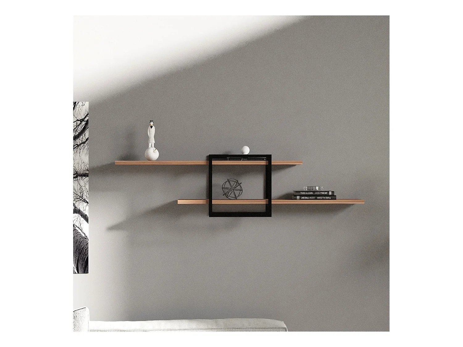 Mensola Design Parete Legno Pino Nero - 2 Ripiani - Moderna e Pratica