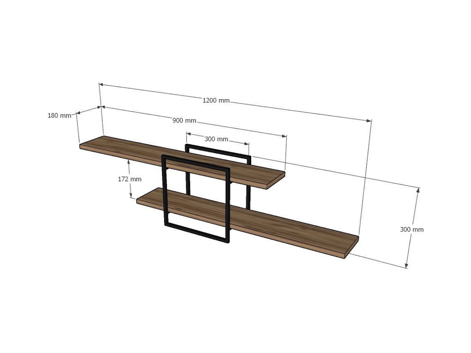 Mensola Design Parete Legno Pino Nero - 2 Ripiani - Moderna e Pratica