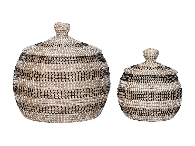 FIORA - Lot de 2 paniers ronds en jonc de mer naturel, blanc et noir avec couvercles