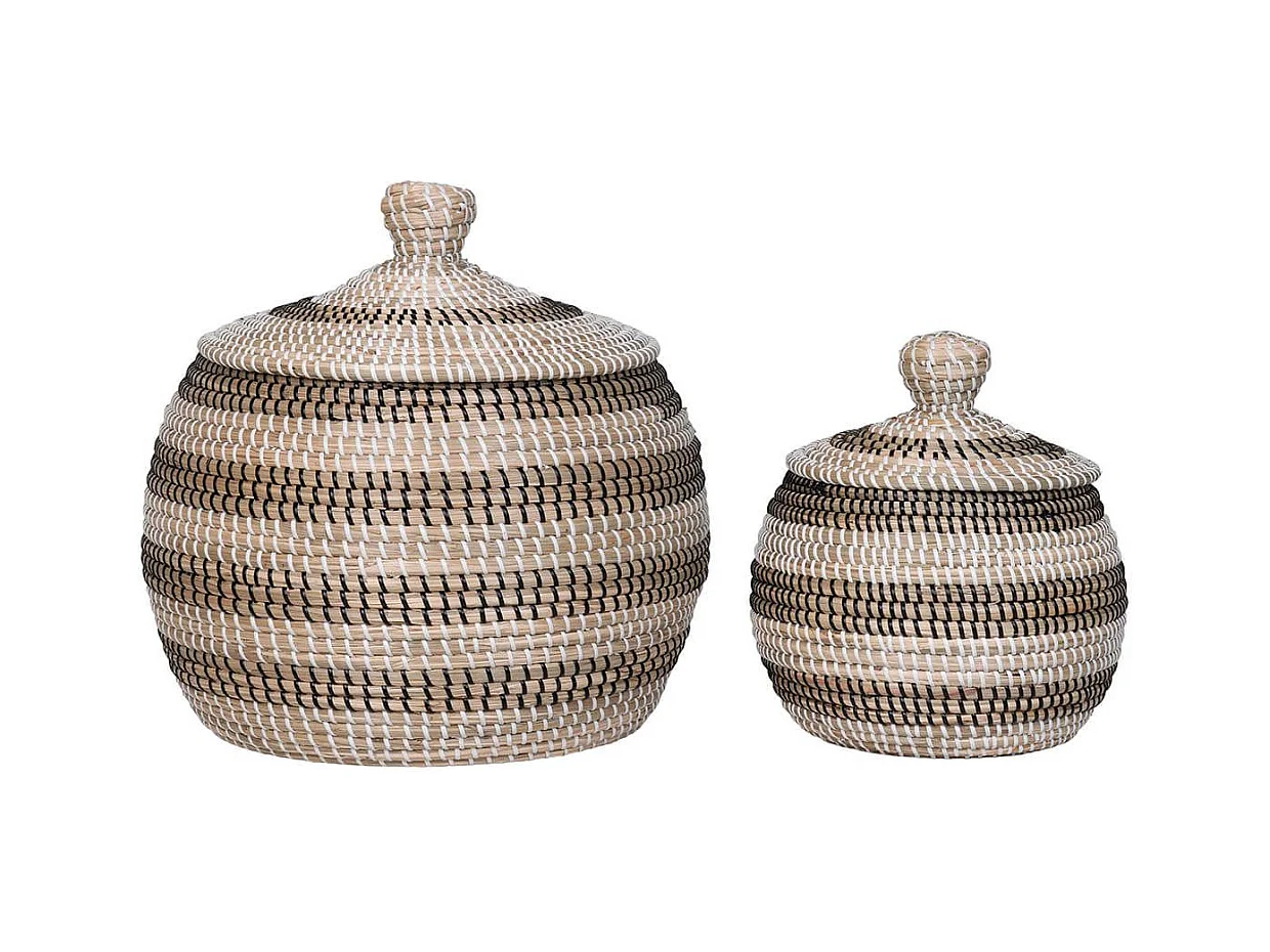FIORA - Lot de 2 paniers ronds en jonc de mer naturel, blanc et noir avec couvercles