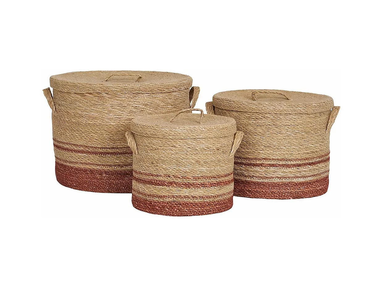DANUBE - Lot de 3 paniers ronds en jonc de mer naturel et brun avec couvercles
