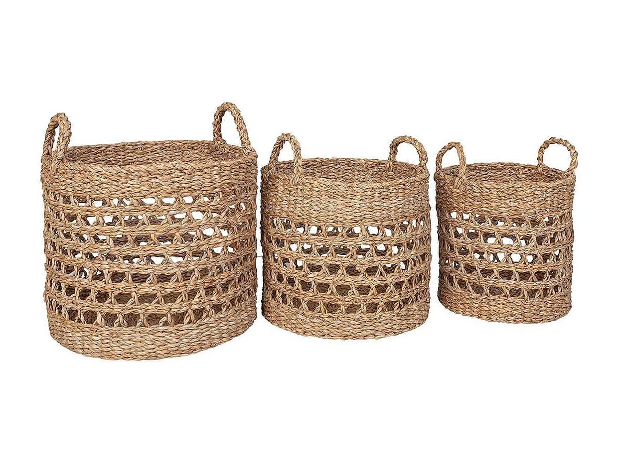 LOBAK - Lot de 3 paniers ronds en jonc de mer naturel