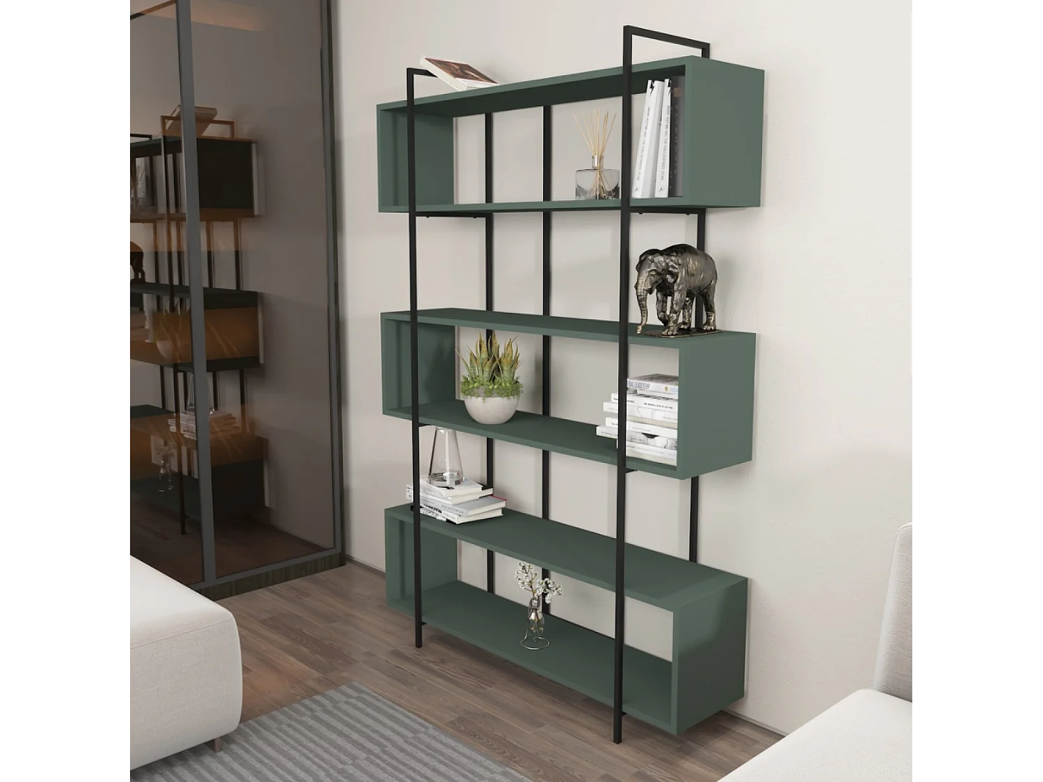 Biblioteca contemporânea verde 180cm LULI - Estante Kotor estilo industrial, 12 prateleiras, carvalho antracite, grande capacidade de armazenamento