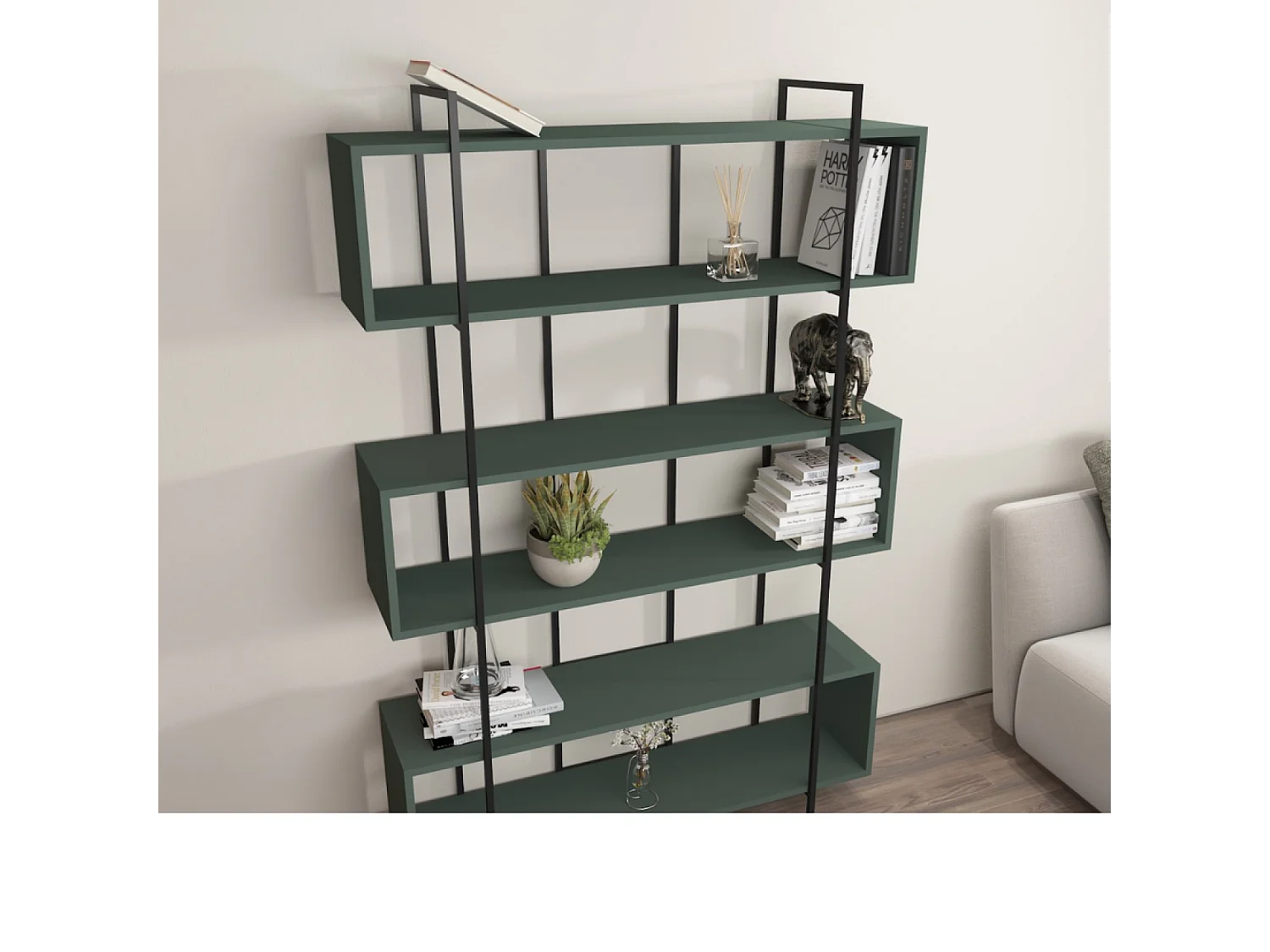 Biblioteca contemporânea verde 180cm LULI - Estante Kotor estilo industrial, 12 prateleiras, carvalho antracite, grande capacidade de armazenamento