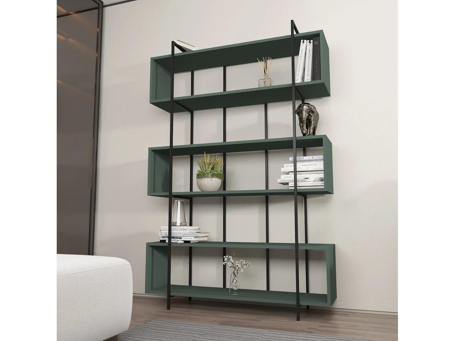 Biblioteca contemporánea verde 180cm LULI - Estantería Kotor estilo industrial, 12 estantes, roble antracita, gran capacidad de almacenamiento