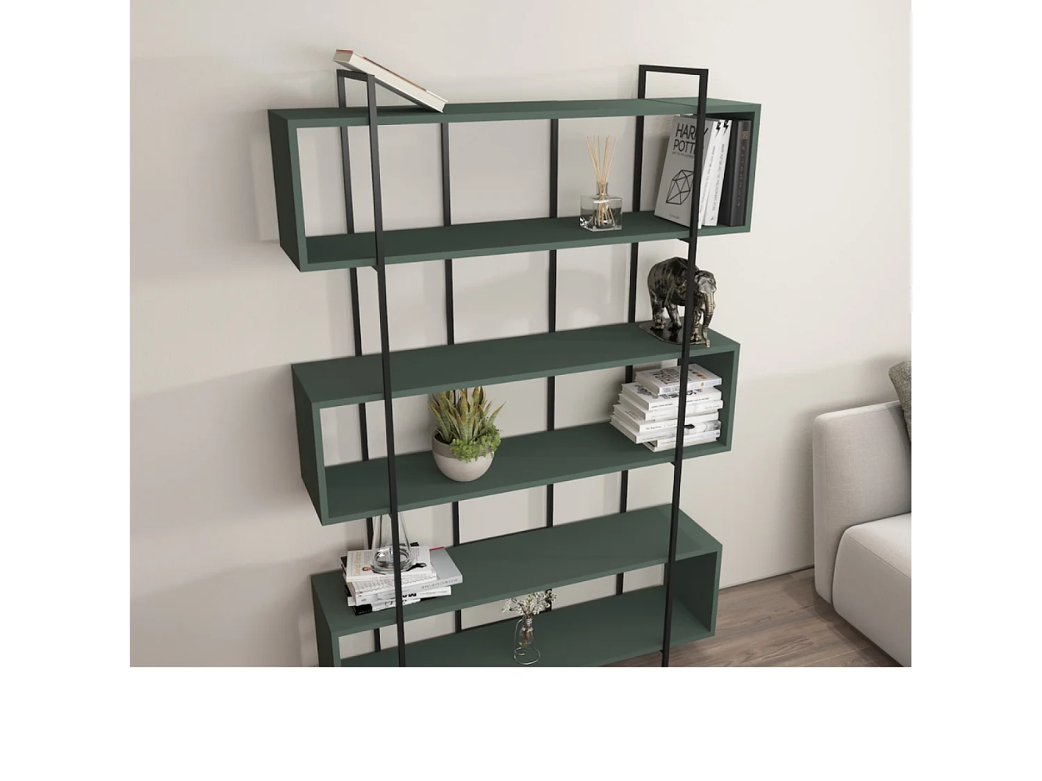 Biblioteca contemporánea verde 180cm LULI - Estantería Kotor estilo industrial, 12 estantes, roble antracita, gran capacidad de almacenamiento