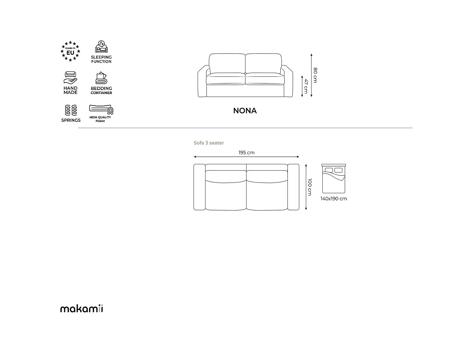3-Sitzer Sofa mit Schlaffunktion - - Cord - Dunkelgrau - NONA