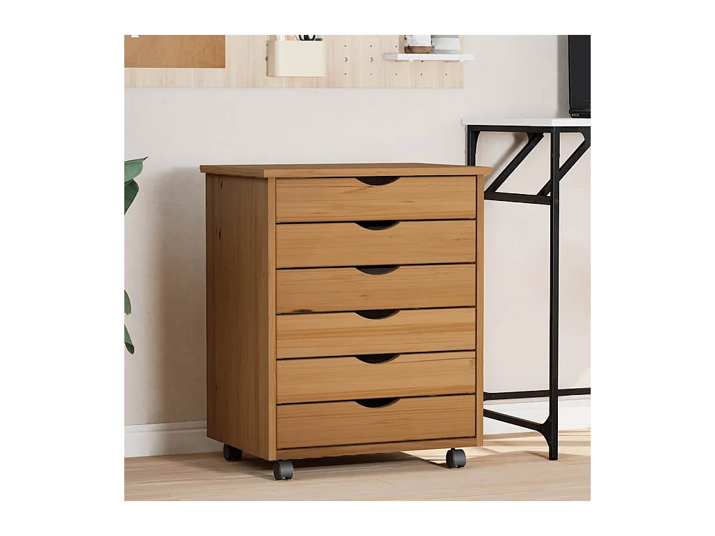 Armoire roulante avec tiroirs MOSS bois de pin marron miel