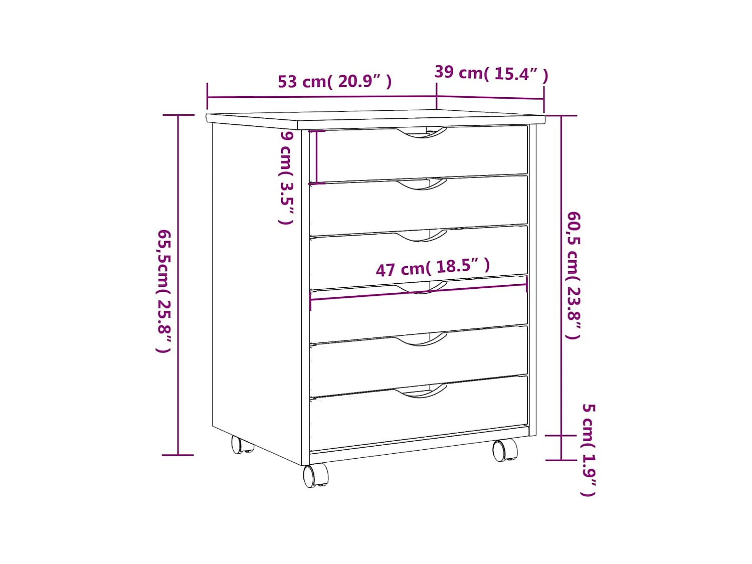 Cajonera con ruedas MOSS madera maciza pino marrón miel